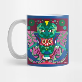 jade mask in red queen pattern ecopop in mexican maya adventure Mug